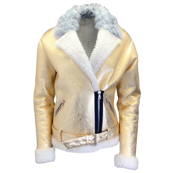 SANDY LIANG GOLD METALLIC LAMB SHEARLING MOTO ZIP BIKER JACKET - Picture 1 of 4